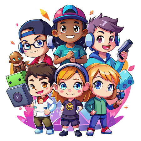 Six cartoon characters standing with different gadgets in their hands.のイラスト素材