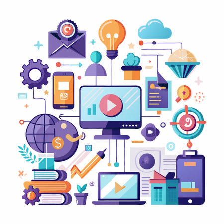 Colorful illustration of a business and technology concept, featuring a computer, smartphone, tablet, cloud, and other design elements.のイラスト素材