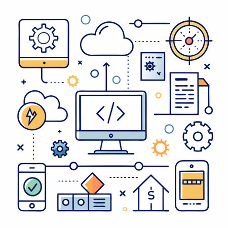 Business development with cloud computing, coding, marketing, and mobile apps.のイラスト素材