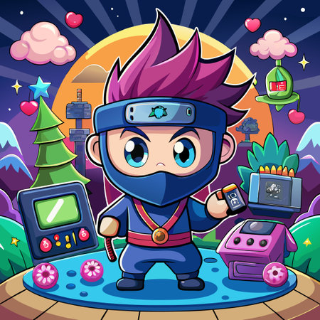 Cute cartoon ninja character with pink hair and headband in a game environment.のイラスト素材