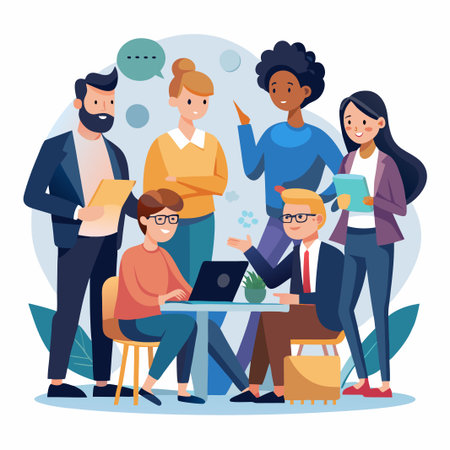 Diverse team members working together on a project.のイラスト素材