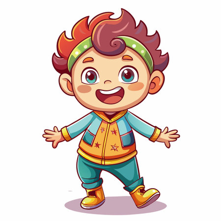 Happy cartoon boy with spiky red hair, blue eyes and a big smile wearing a green headband and a yellow jacket with stars.のイラスト素材