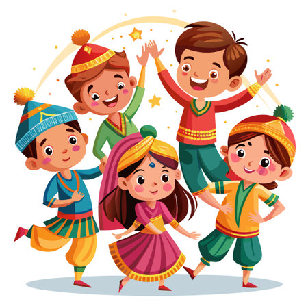 Five cheerful children in colorful traditional clothes dance with joy.のイラスト素材