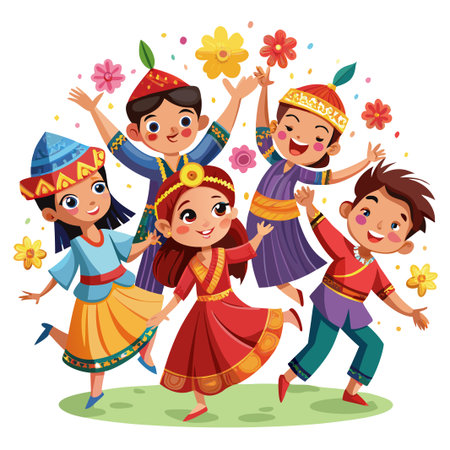 Five children in colorful ethnic clothes dancing.のイラスト素材