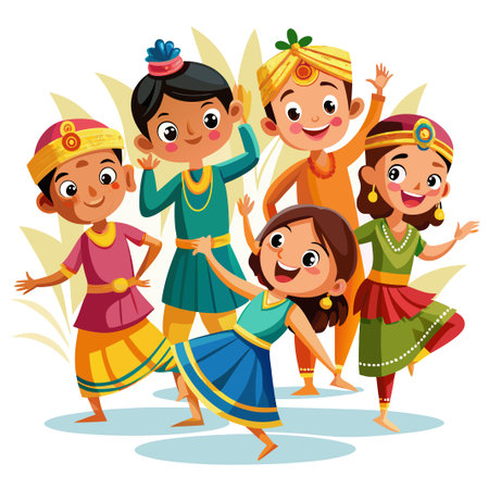 Five children in traditional Indian clothing smiling and dancing.のイラスト素材