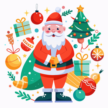 Jolly Santa Claus surrounded by festive Christmas ornaments, presents, and a Christmas tree.のイラスト素材