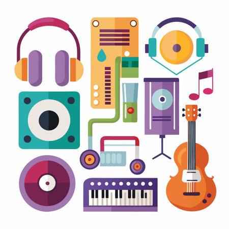 Flat design music icons with headphones, speaker, music sheet, violin, keyboard, and record.のイラスト素材