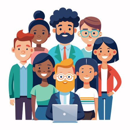 Diverse group of smiling people looking at a laptop.