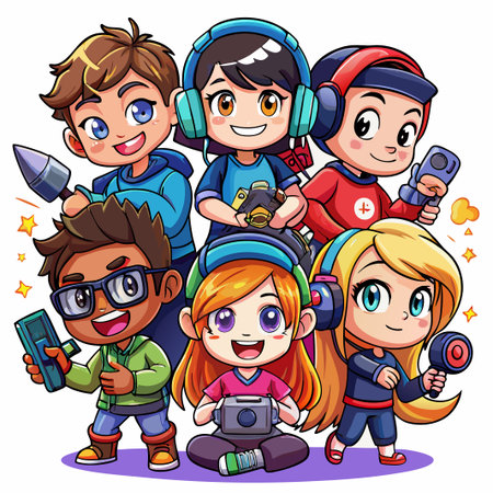 Five happy cartoon kids in colorful outfits holding various gadgets and controllers.