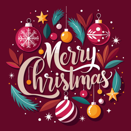 Merry Christmas greeting card with ornaments, stars, and leaves on a red background.のイラスト素材