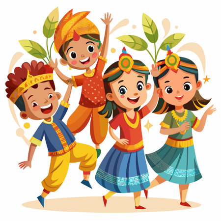 Happy Children in Traditional Indian Clothing.のイラスト素材
