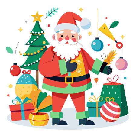 Santa Claus with Christmas tree and gifts.のイラスト素材