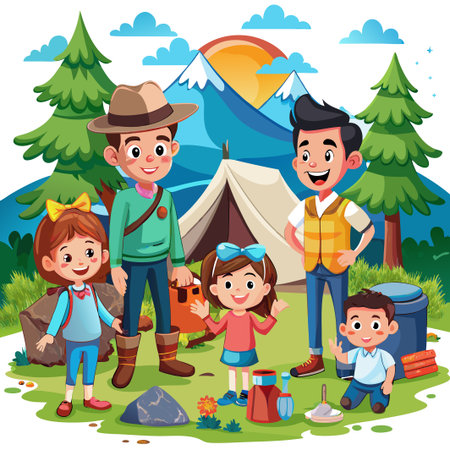 Happy Family Camping in the Mountains.のイラスト素材