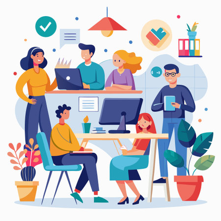 Smiling team of business people working together on a project in an office.のイラスト素材