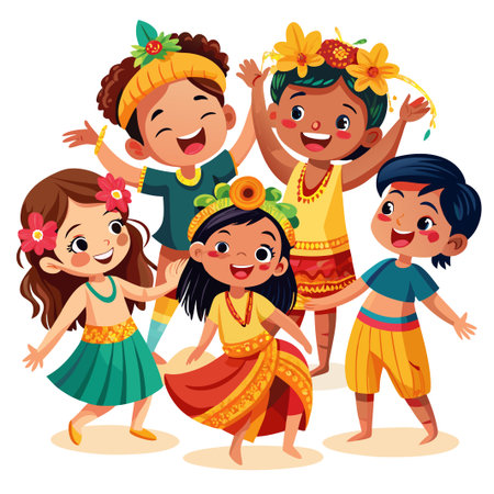 Four happy diverse kids dressed in colorful traditional clothes are smiling and waving.のイラスト素材
