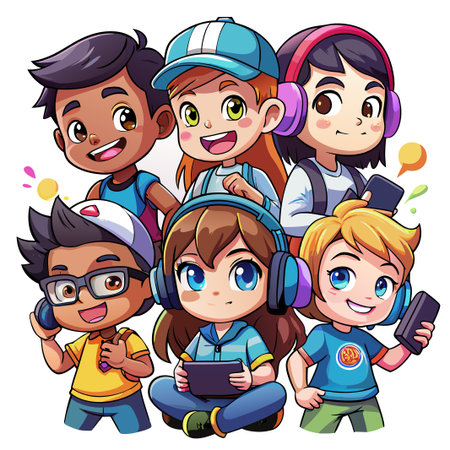 Five cartoon children with headphones using technology.