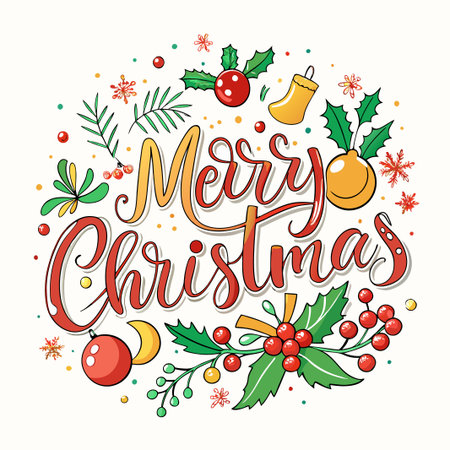 Festive Christmas greeting with holly, ornaments, and snowflakes.のイラスト素材