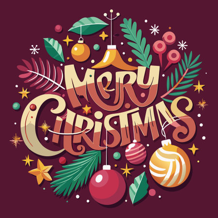Merry Christmas greeting with ornaments and leaves.のイラスト素材