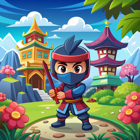 Cartoon ninja with a sword standing in front of a pagoda.のイラスト素材