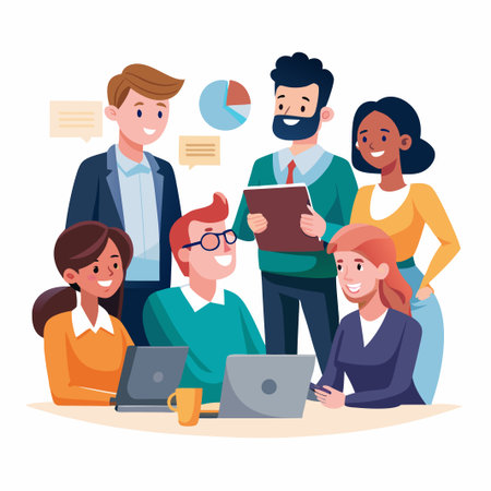 A diverse group of people are working together in an office setting. They are smiling and looking at each other, indicating a collaborative and positive work environment.のイラスト素材