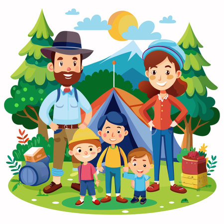 Happy family camping in the mountains.のイラスト素材