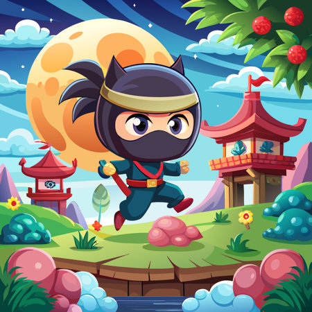 Cartoon ninja character running in a fantasy landscape under the full moon.のイラスト素材