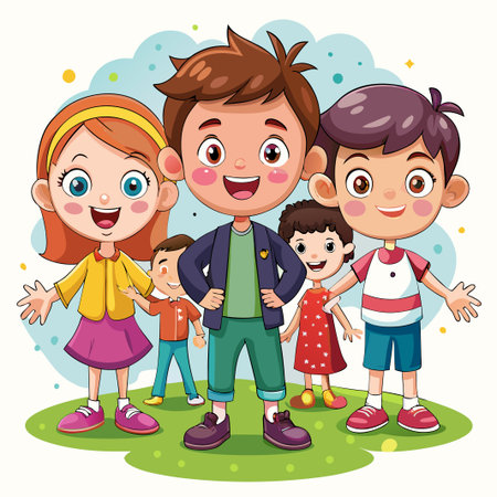 Four happy kids stand together smiling on a green hill.のイラスト素材