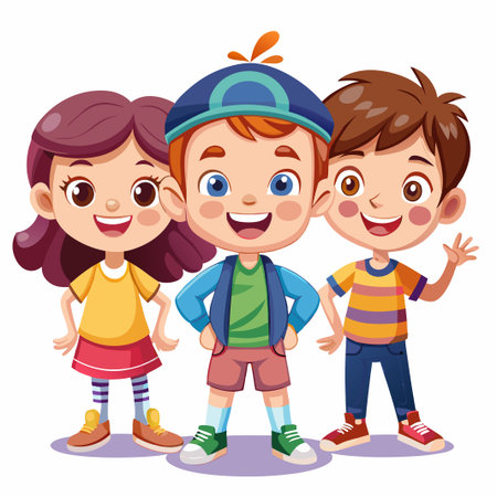Three happy cartoon kids smiling and standing together.のイラスト素材