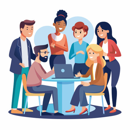 Diverse group of colleagues working together around a table with a laptop.のイラスト素材