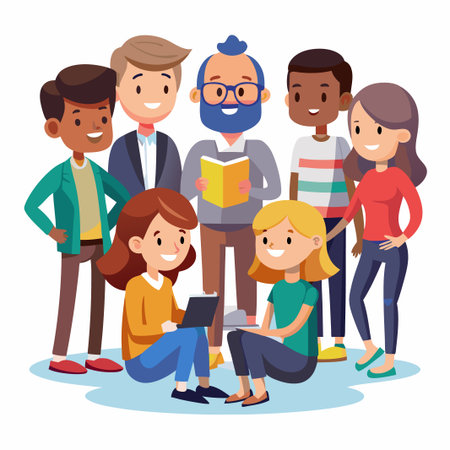 Diverse group of happy people smiling and chatting together, cartoon illustration.のイラスト素材