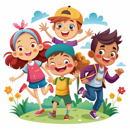 Four happy kids playing together in the park.のイラスト素材