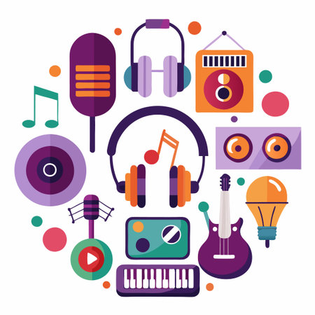 Colorful music icons microphone, headphones, guitar, piano, speaker and light bulb.のイラスト素材
