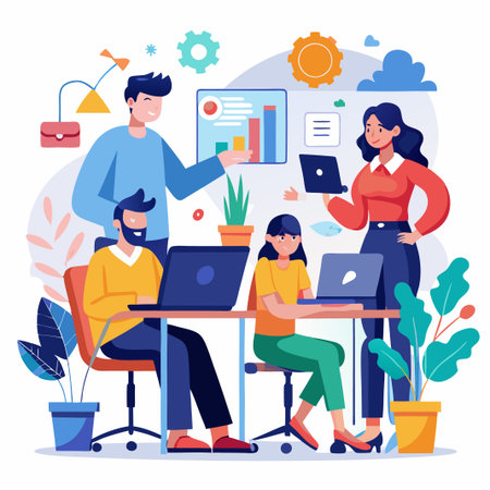 A diverse group of people working together in an office setting.のイラスト素材