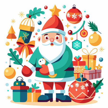 Happy Santa Claus with presents and Christmas ornaments.のイラスト素材
