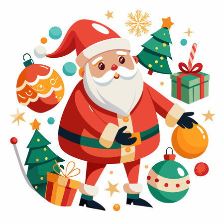 Cheerful Santa Claus with Christmas ornaments and gifts.のイラスト素材