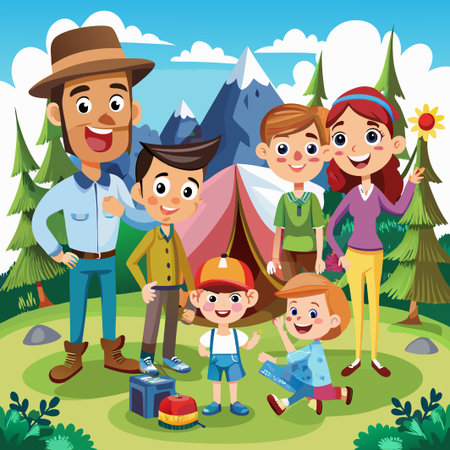 Happy family camping in the mountains.のイラスト素材
