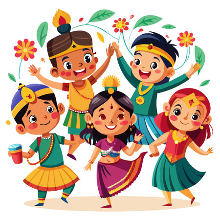 Five happy children wearing traditional Indian clothes and dancing together.のイラスト素材