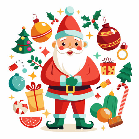 Cheerful Santa Claus Surrounded by Christmas Symbols.のイラスト素材