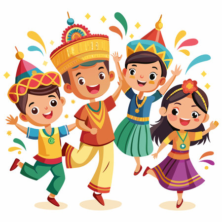Four kids in traditional costumes celebrate with joyful expressions.のイラスト素材