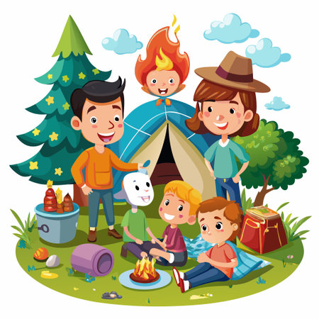 Happy family camping with a tent, campfire, and a tree.のイラスト素材