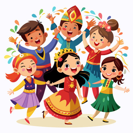 Five joyful children in colorful traditional costumes celebrating with confetti.のイラスト素材
