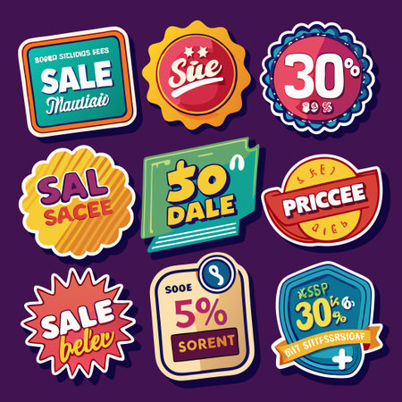 Colorful sale stickers with different designs and discounts.