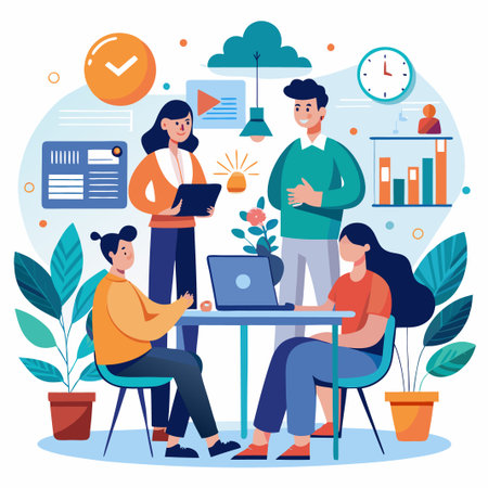 Four diverse colleagues work together at a desk with a laptop and a plant.のイラスト素材