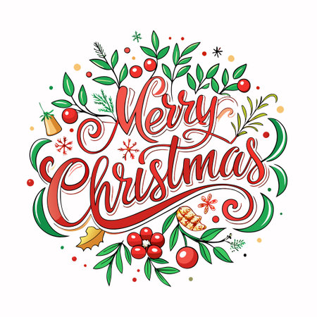 Festive Christmas greeting with red lettering surrounded by holly and other foliage.のイラスト素材