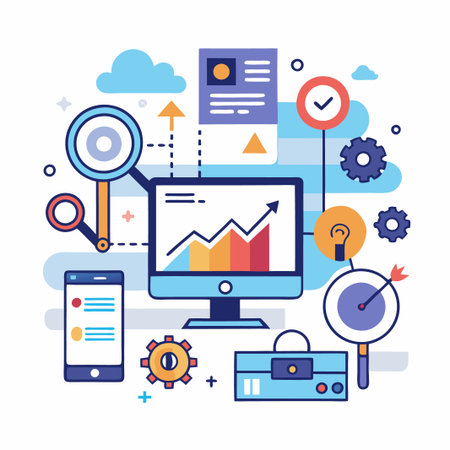A colorful illustration of a computer screen displaying a graph with an upward trend, surrounded by icons representing various aspects of business and technology, including a smartphone, a magnifying glass, gears, a cloud, and a checkmark.のイラスト素材