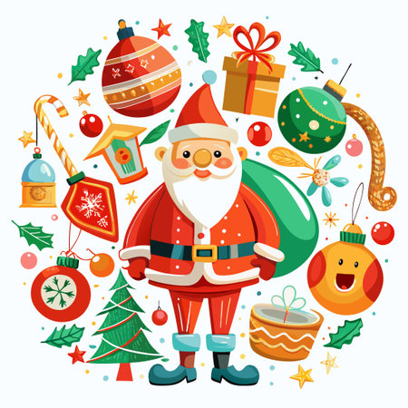 Cheerful Santa Claus surrounded by Christmas ornaments, gifts, and a Christmas tree.のイラスト素材