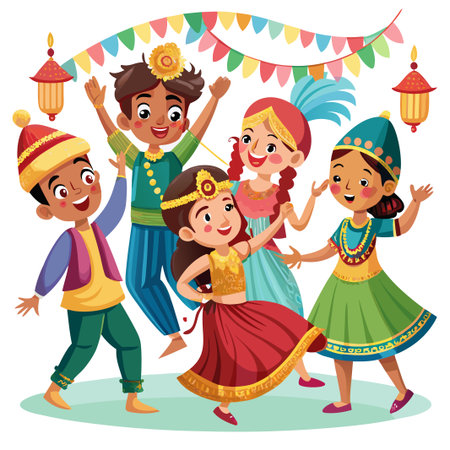 Happy children in traditional costumes celebrate together under colorful flags.のイラスト素材