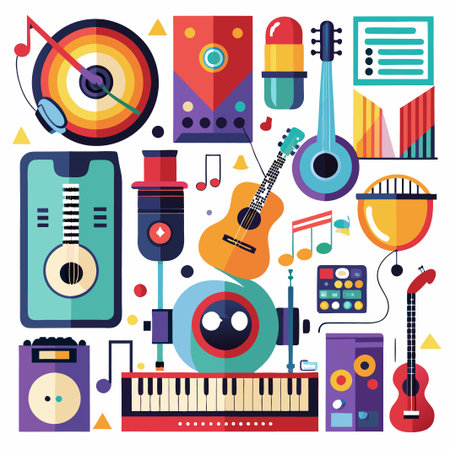 Colorful music illustration with various instruments, a keyboard, and a microphone.のイラスト素材