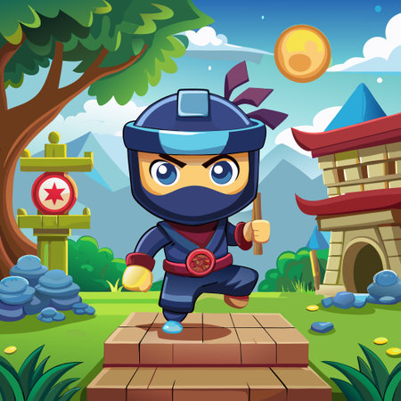 A cartoon ninja stands on stone steps in a green and blue landscape.のイラスト素材