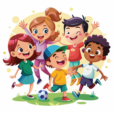 A group of four kids are playing soccer in a park. They are smiling and laughing while playing.のイラスト素材